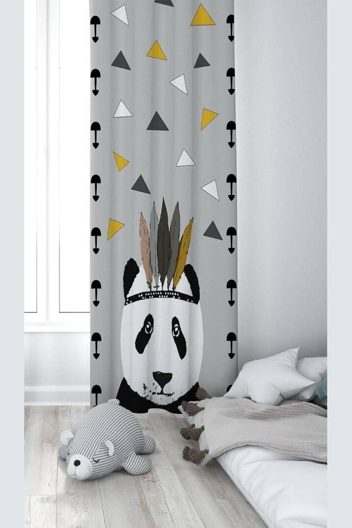 Pelangi Gri Panda Desenli Dijital Baskı Yıkanabilir Bebek Çocuk Odası Fon Perdesi, gri 70 x 240, 1103168702401 - 1