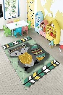 Pelangi Gri Rakun Desenli Yıkanabilir Kaymaz Taban Leke Tutmazbebek Ve Çocuk Odası Halısı, Gri-Yeşil 160 x 350, 901357147160350