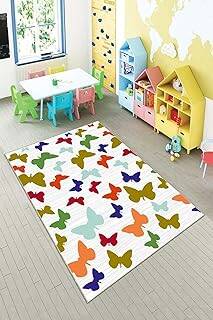 Pelangi Gri Rengarenk Kelebek Desenli Yıkanabilir Kaymaz Taban Leke Tutmazbebek Ve Çocuk Odası Halısı, Beyaz-Turuncu 100 x 500, 901357174100500