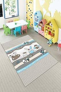 Pelangi Gri Sevimli Hayvanlar Desenli Yıkanabilir Kaymaz Taban Leke Tutmaz Çocuk Odası Halısı, Gri-Mavi 80 x 200, 90135718080200