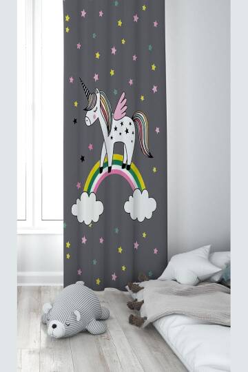 Pelangi Gri Unicorn Desenli Dijital Baskı Yıkanabilir Bebek Çocuk Odası Fon Perdesi, gri 70 x 240, 1103105702401