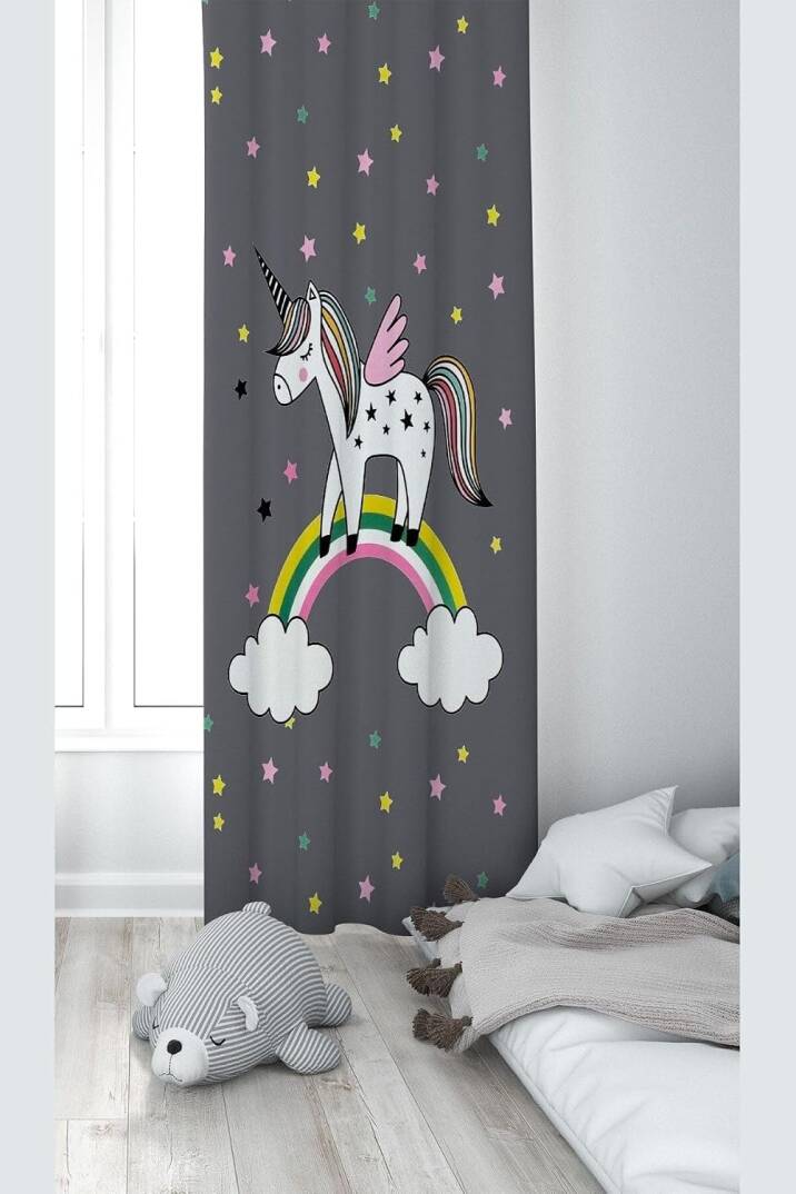 Pelangi Gri Unicorn Desenli Dijital Baskı Yıkanabilir Bebek Çocuk Odası Fon Perdesi, gri 70 x 240, 1103105702401 - 1