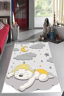 Pelangi Gri Uyuyan Ayıcık Desenli Yıkanabilir Kaymaz Taban Leke Tutmazbebek Ve Çocuk Odası Halısı, Gri-Sarı 180 x 280