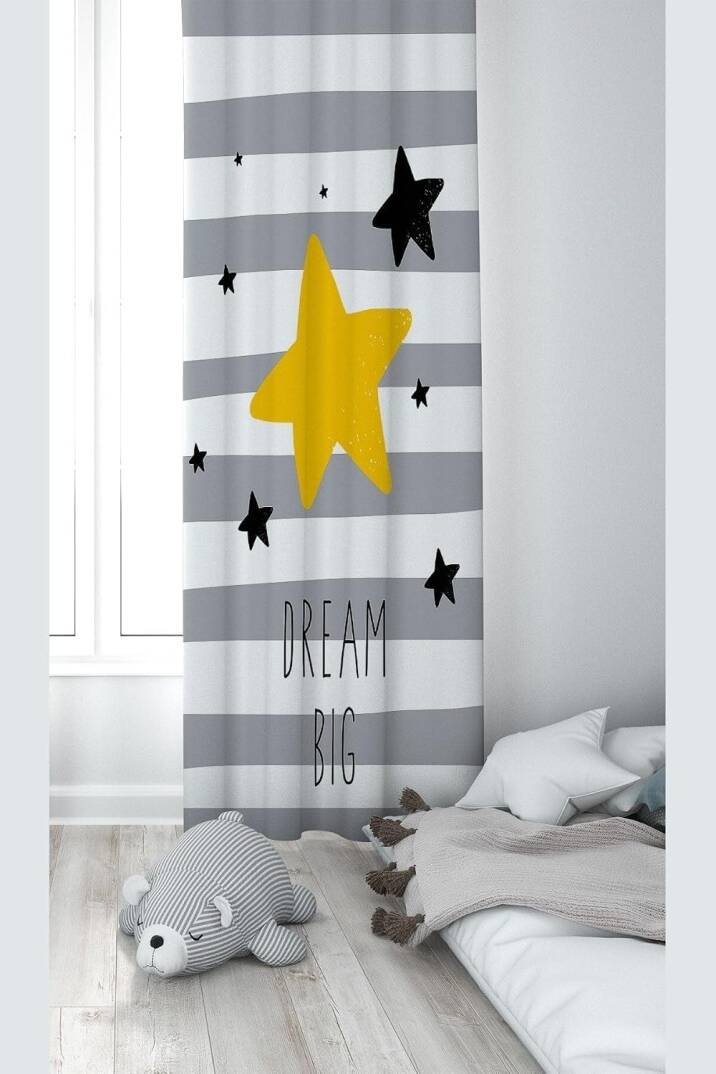Pelangi Gri Yıldız Desenli Dijital Baskı Yıkanabilir Bebek Çocuk Odası Fon Perdesi, gri 140 x 200 - 1