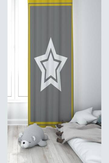 Pelangi Gri Yıldız Desenli Dijital Baskı Yıkanabilir Bebek Çocuk Odası Fon Perdesi, gri-hardal 70 x 200