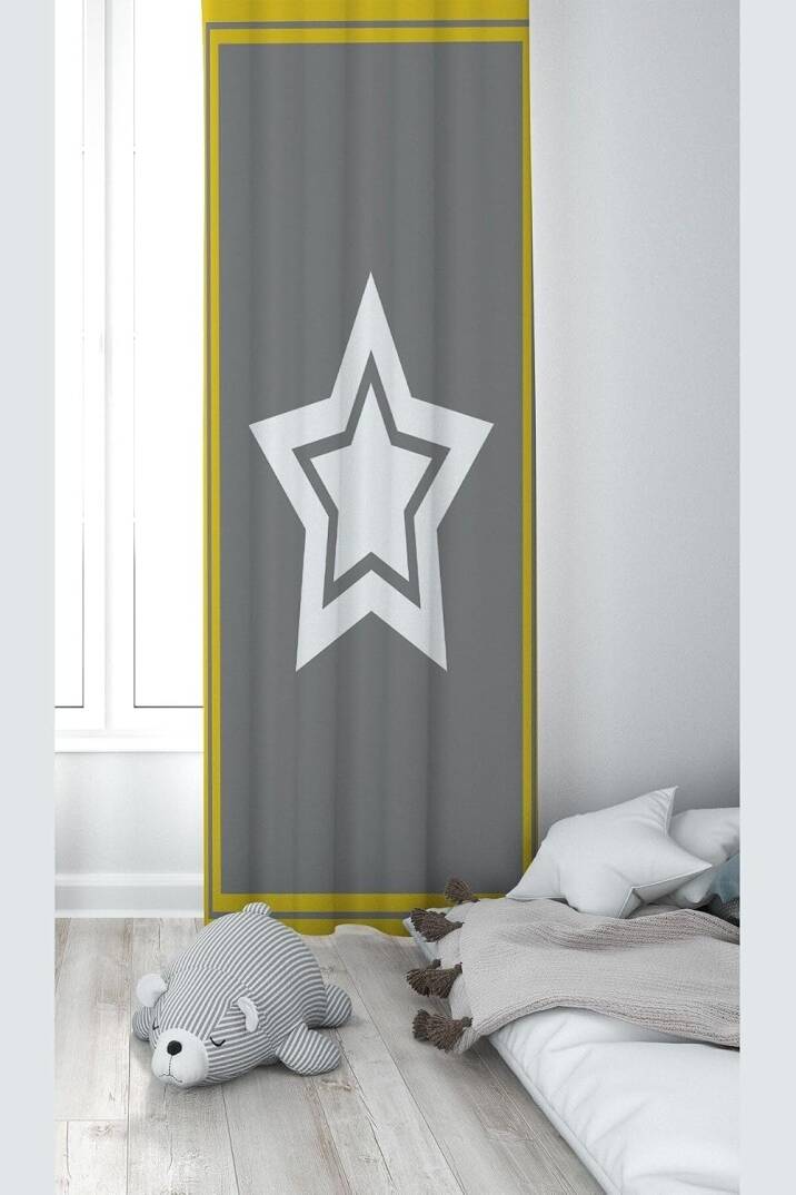 Pelangi Gri Yıldız Desenli Dijital Baskı Yıkanabilir Bebek Çocuk Odası Fon Perdesi, gri-hardal 70 x 200 - 1
