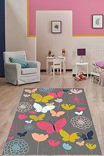 Pelangi Gri Zemin Rengarenk Çiçek Ve Kelebek Yıkanabilir Kaymaz Taban Leke Tutmaz Çocuk Odası Halısı, Gri-Pembe 160 x 240