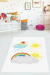 Pelangi Güneş Bulut ve Gökkuşaklı Yıkanabilir Kaymaz Taban Leke Tutmaz Çocuk Odası Halısı, Mavi-Sarı-Beyaz-Gri 180 x 300, 9038680149180300 - 1