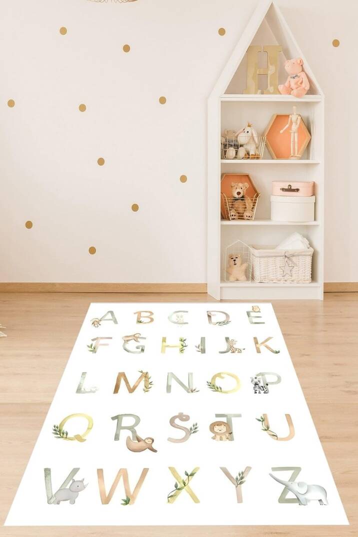 Pelangi Harfler Ve Hayvanlar Yıkanabilir Kaymaz Taban Leke Tutmaz Çocuk Odası Halısı, Beyaz-Yeşil-Kahverengi-Sarı 60 x 120 - 1