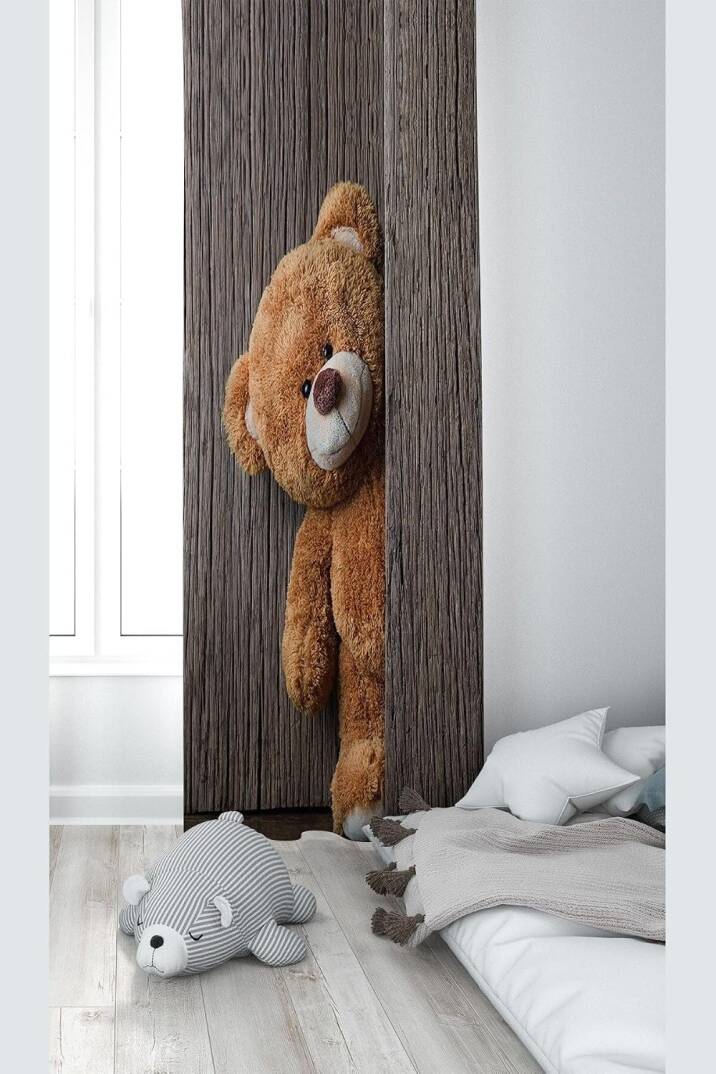 Pelangi Kahve Ayıcık Desenli Dijital Baskı Yıkanabilir Bebek Çocuk Odası Fon Perdesi, kahve 70 x 240 - 1