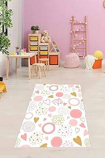 Pelangi Kalpli Renkli Çember Desen Dijital Baskı Yıkanabilir Kaymaz Leke Tutmaz Çocuk Odası Halısı, Pudra Pembe-Beyaz 120 x 160