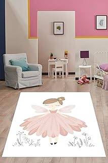 Pelangi Kanatlı Balerin Kız Yıkanabilir Kaymaz Taban Leke Tutmaz Çocuk Odası Halısı, Pembe-Siyah-Beyaz 80 x 200, 7642011508020005
