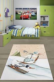 Pelangi Kayak Yapan Leylekler Kış Temalı Yıkanabilir Kaymaz Taban Leke Tutmaz Çocuk Odası Halısı, Mavi-Bej-Yeşil 130 x 180, 7642012813018005 - 1