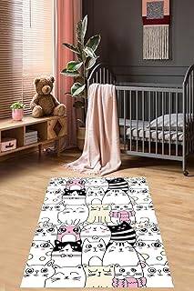 Pelangi Kedi Desenli Halı Kedili Halı Dijital Baskı Yıkanabilir Kaymaz Taban Çocuk Odası Halısı, Beyaz 80 x 400 - 1