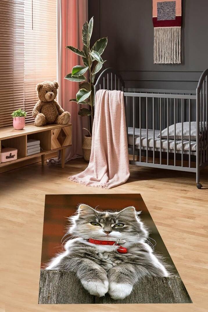 Pelangi Kedi Desenli Halı Kedili Halı Dijital Baskı Yıkanabilir Kaymaz Taban Çocuk Odası Halısı, Kahverengi 180 x 300 - 1