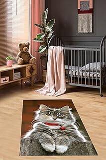 Pelangi Kedi Desenli Halı Kedili Halı Dijital Baskı Yıkanabilir Kaymaz Taban Çocuk Odası Halısı, Kahverengi 180 x 300