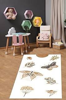 Pelangi Kelebek Desen Minimalist Yıkanabilir Kaymaz Taban Leke Tutmaz Çocuk Odası Halısı, Beyaz-Kahverengi-Bej 60 x 120, 764201196012005