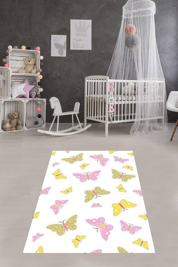 Pelangi Kelebek Şeklinde Kelebek Desenli Dijital Baskı Yıkanabilir Kaydırmaz Leke Tutmaz Çocuk Odası Halısı, Pembe-Beyaz 180 x 280 - 1