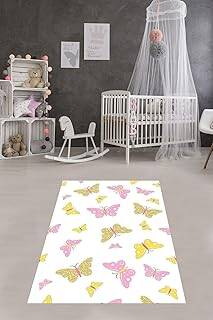 Pelangi Kelebek Şeklinde Kelebek Desenli Dijital Baskı Yıkanabilir Kaydırmaz Leke Tutmaz Çocuk Odası Halısı, Pembe-Beyaz 180 x 280