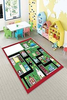 Pelangi Kırmızı Araba Yollu Şehir Desenli Yıkanabilir Kaymaz Taban Leke Tutmazbebek Ve Çocuk Odası Halısı, Kırmızı-Yeşil 100 x 350 - 1