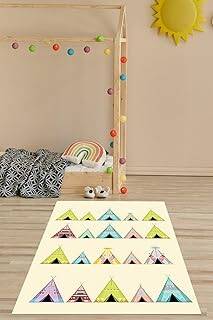 Pelangi Kızılderili Çadırı Desenli Renkli Dijital Baskı Yıkanabilir Kaymaz Taban Çocuk Odası Halısı, Krem-Pembe 60 x 120 - 1