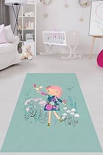 Pelangi Kızın Elindeki Kuş Bahar Desen Yıkanabilir Kaymaz Taban Leke Tutmaz Çocuk Odası Halısı, Yeşil 120 x 160