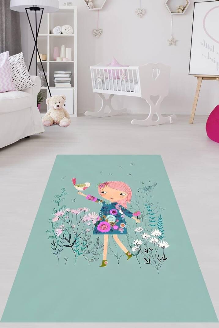Pelangi Kızın Elindeki Kuş Bahar Desen Yıkanabilir Kaymaz Taban Leke Tutmaz Çocuk Odası Halısı, Yeşil 120 x 160 - 1