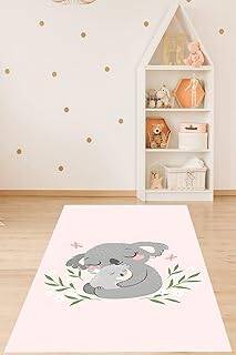 Pelangi Koala ve Yavru Koala Hayvan Desenli Yıkanabilir Kaymaz Taban Leke Tutmaz Çocuk Odası Halısı, Pembe-Gri 100 x 400, 9076420233100400