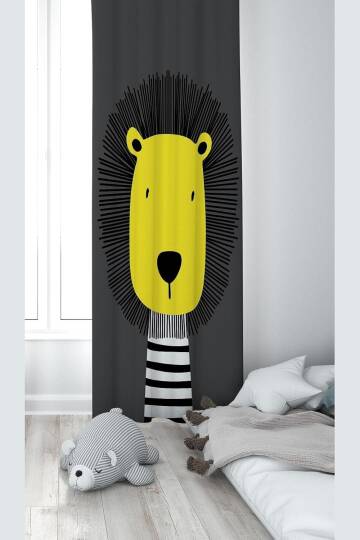 Pelangi Koyu Gri Aslan Desenli Dijital Baskı Yıkanabilir Bebek Çocuk Odası Fon Perdesi, sarı-gri 70 x 270