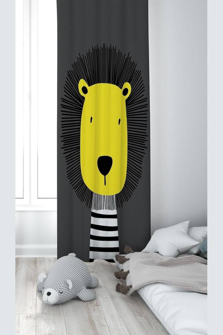 Pelangi Koyu Gri Aslan Desenli Dijital Baskı Yıkanabilir Bebek Çocuk Odası Fon Perdesi, sarı-gri 70 x 270 - 1