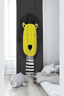 Pelangi Koyu Gri Aslan Desenli Dijital Baskı Yıkanabilir Bebek Çocuk Odası Fon Perdesi, sarı-gri 70 x 270 - 1