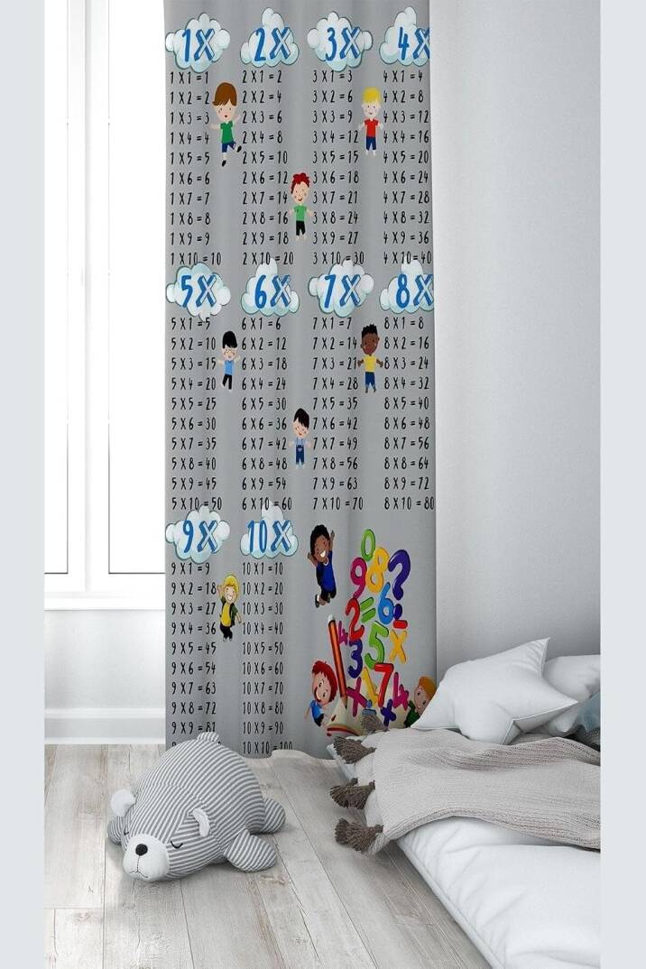 Pelangi Koyu Gri Çarpım Tablosu Desenli Dijital Baskı Yıkanabilir Bebek Çocuk Odası Fon Perdesi, gri 140 x 200 - 1