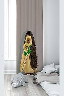 Pelangi Koyu Krem Ayçiçeği Tutan Kız Desenli Dijital Baskı Yıkanabilir Bebek Çocuk Odası Fon Perdesi, koyu krem 140 x 200