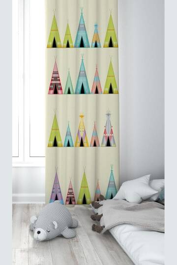 Pelangi Krem Çadır Desenli Dijital Baskı Yıkanabilir Bebek Çocuk Odası Fon Perdesi, krem-sarı 70 x 240