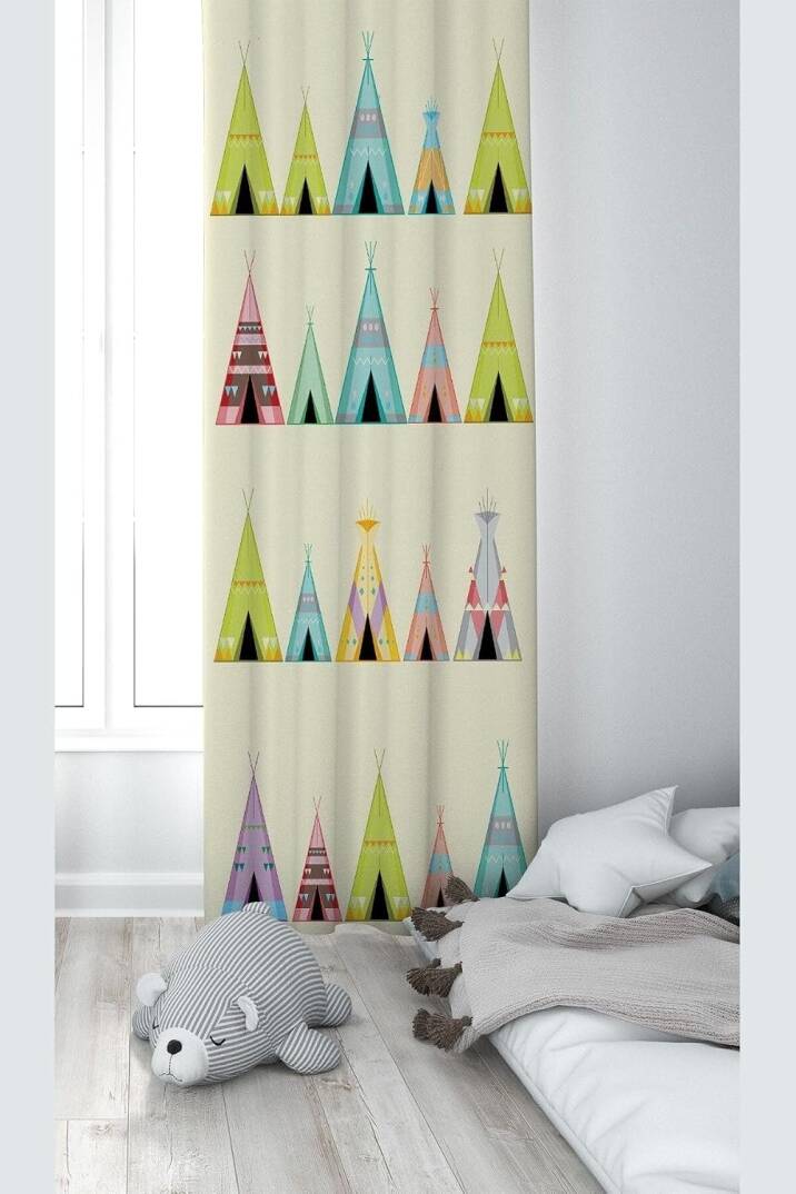 Pelangi Krem Çadır Desenli Dijital Baskı Yıkanabilir Bebek Çocuk Odası Fon Perdesi, krem-sarı 70 x 240 - 1