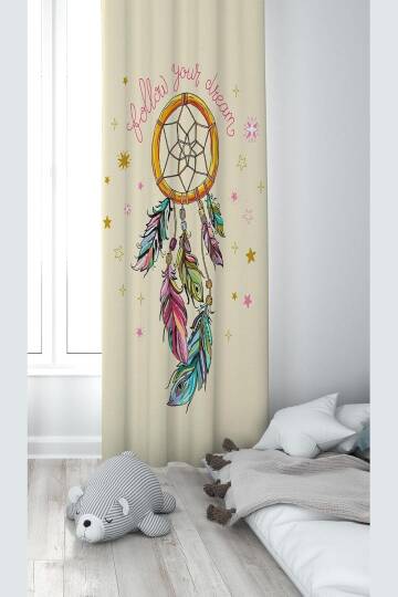 Pelangi Krem Dreamcatcher Desenli Dijital Baskı Yıkanabilir Bebek Çocuk Odası Fon Perdesi, krem 70 x 200