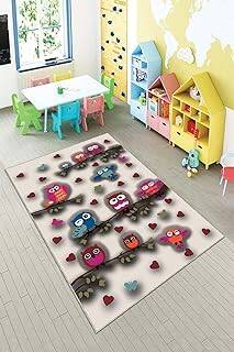 Pelangi Krem Kuş Desenli Çocuk Yıkanabilir Kaymaz Taban Leke Tutmaz Çocuk Odası Halısı, Krem 80 x 200, 90135705180200