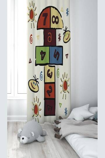 Pelangi Krem Seksek Desenli Dijital Baskı Yıkanabilir Bebek Çocuk Odası Fon Perdesi, bej-renkli 140 x 270