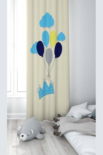 Pelangi Krem Taç Ve Balon Desenli Dijital Baskı Yıkanabilir Bebek Çocuk Odası Fon Perdesi, karışık renkli 70 x 240