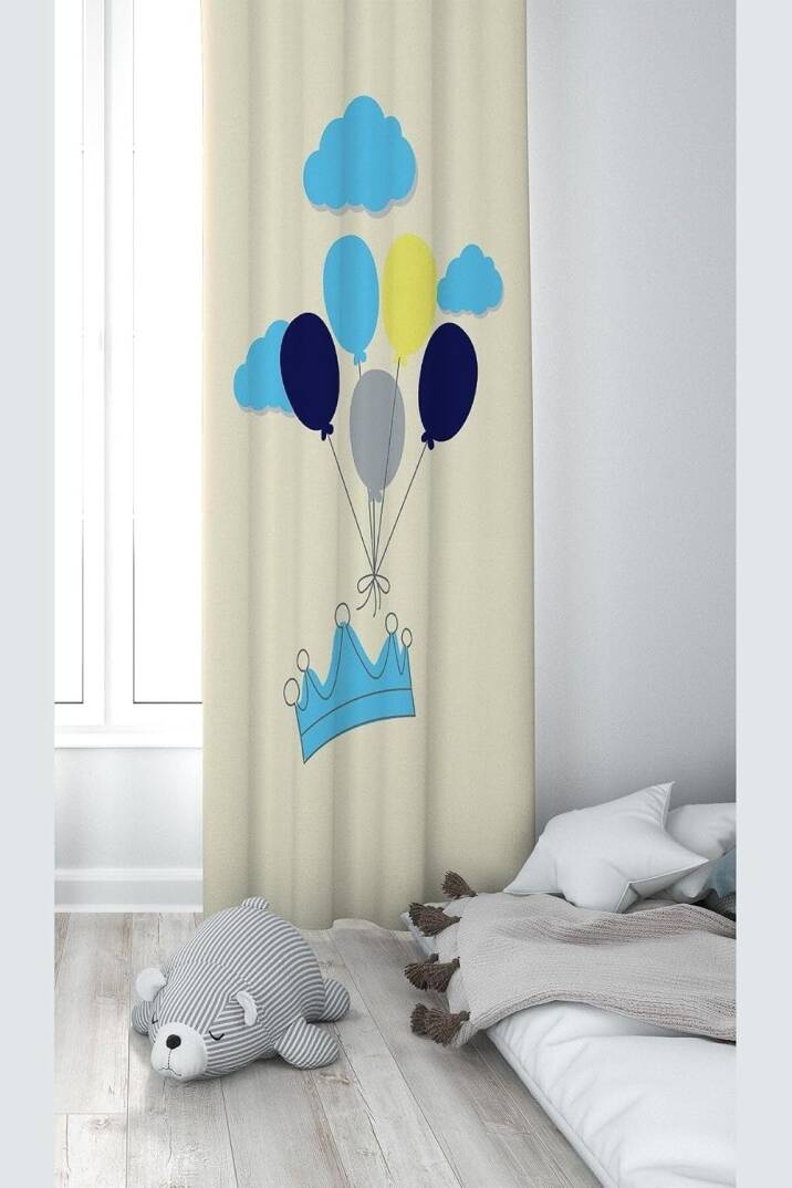 Pelangi Krem Taç Ve Balon Desenli Dijital Baskı Yıkanabilir Bebek Çocuk Odası Fon Perdesi, karışık renkli 70 x 240 - 1
