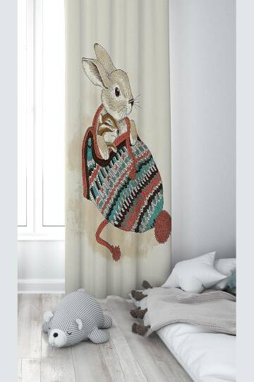 Pelangi Krem Tavşan Desenli Dijital Baskı Yıkanabilir Bebek Çocuk Odası Fon Perdesi, bej-yeşil 140 x 240