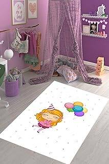 Pelangi Küçük Kız Desenli Renkli Benekli Dijital Baskı Yıkanabilir Kaymaz Taban Çocuk Ve Bebek Odası Halısı, Beyaz 120 x 200 - 1