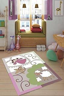 Pelangi Kuzu ve Melek Desenli Renkli Dijital Baskı Yıkanabilir Kaymaz Taban Çocuk Odası Halısı, Pembe 160 x 230