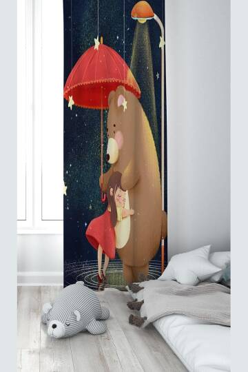 Pelangi Lacivert Ayıcığa Sarılan Kız Desenli Dijital Baskı Yıkanabilir Bebek Çocuk Odası Fon Perdesi, lacivert-kahverengi 140 x 240