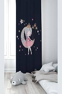 Pelangi Lacivert Fonlu Ayda Oturan Kız Desenli Dijital Baskı Yıkanabilir Bebek Çocuk Odası Fon Perdesi, lacivert 140 x 200 - 1