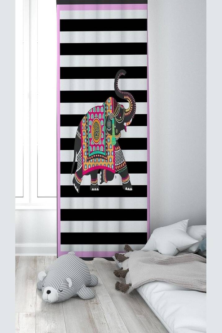 Pelangi Lila Fil Desenli Dijital Baskı Yıkanabilir Bebek Çocuk Odası Fon Perdesi, siyah-pembe 140 x 200 - 1