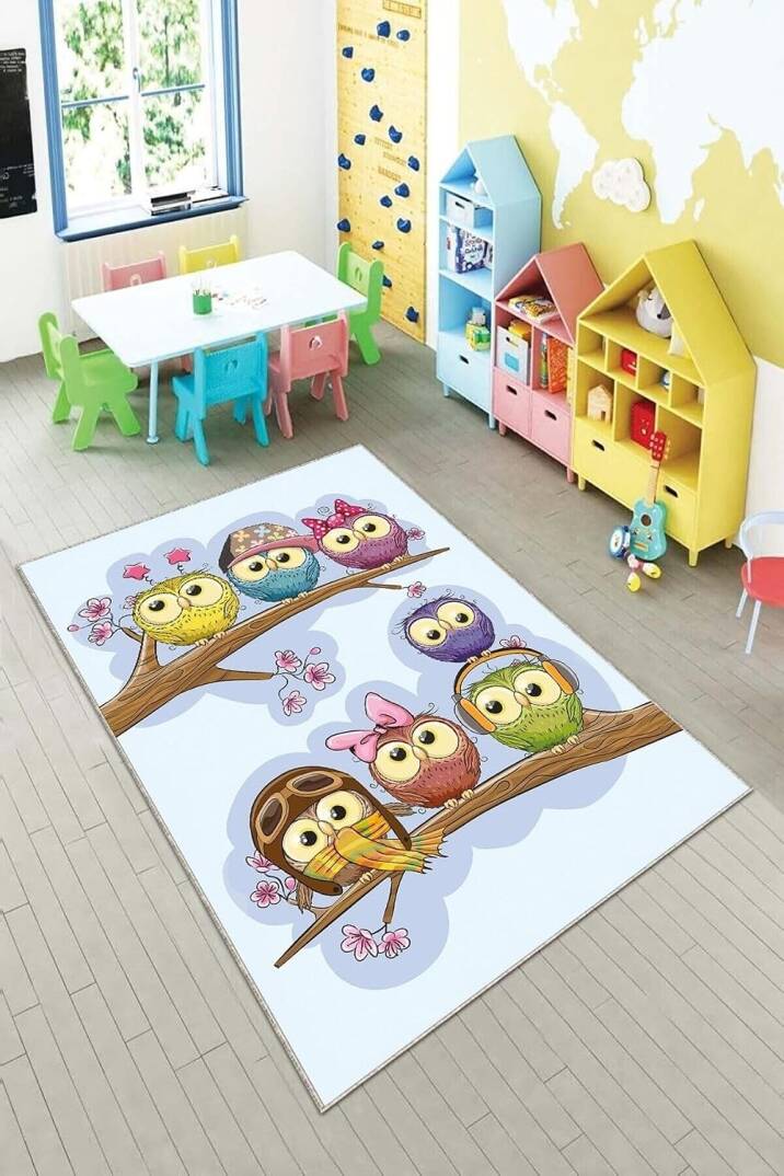 Pelangi Lila Kuş Desenli Çocuk Yıkanabilir Kaymaz Taban Leke Tutmazbebek Ve Çocuk Odası Halısı, Lila 160 x 250 - 1