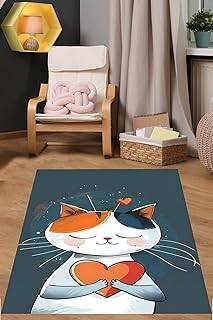 Pelangi Love Temalı Sevimli Kedicik Yıkanabilir Kaymaz Taban Leke Tutmaz Çocuk Odası Halısı, Lacivert-Turuncu 120 x 160