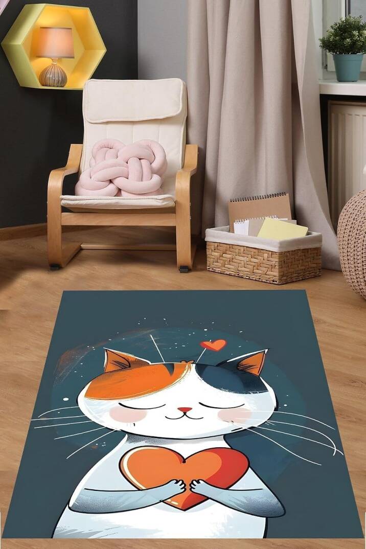 Pelangi Love Temalı Sevimli Kedicik Yıkanabilir Kaymaz Taban Leke Tutmaz Çocuk Odası Halısı, Lacivert-Turuncu 120 x 160 - 1