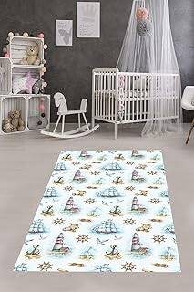 Pelangi Marin Desenli Deniz Feneri Ve Yelkenli Yıkanabilir Kaymaz Taban Leke Tutmaz Çocuk Odası Halısı, Beyaz-Kırmızı-Mavi 100 x 300, 9038680128100300